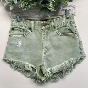 NWOT Urban Outfitters BDG High Rise Cheeky Shorts Frayed Cutoff Olive Denim 26